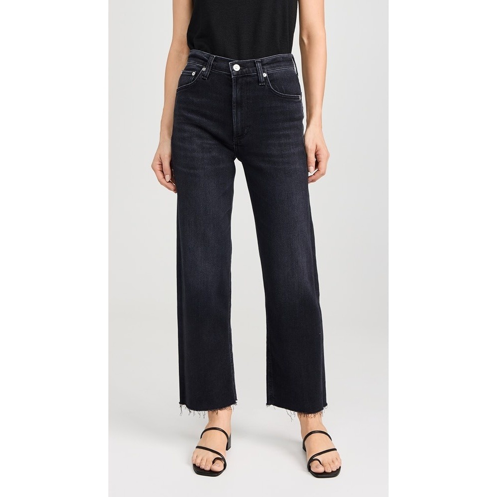 Citizens of Humanity Annina High Rise Wide Leg Jeans Washed Black 28 Raw Hem